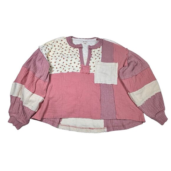 POL Womens Oversized Quilted Floral Patchwork Top SZ S Pink Cottage Boho - Picture 3 of 14